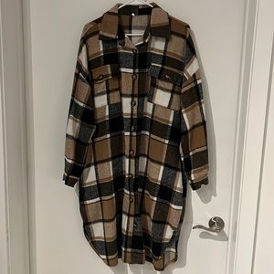 Midi Length Brown Plaid Shacket | Size Large